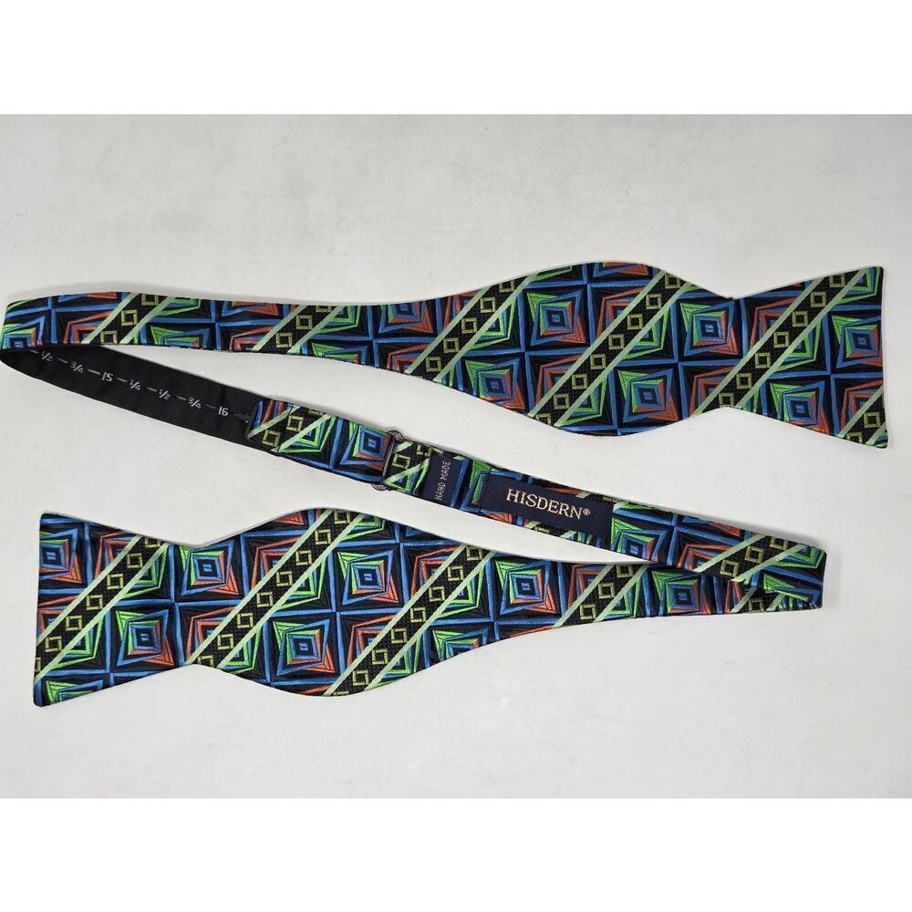 HISDERN HANDMADE SILK BOW TIE BLUE GREEN YELLOW ORANGE JACQUARD 2.75"
